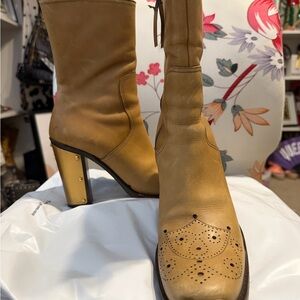 Miu Miu Tan Leather Mid-Calf Heeled Boots with Decorative Perforation